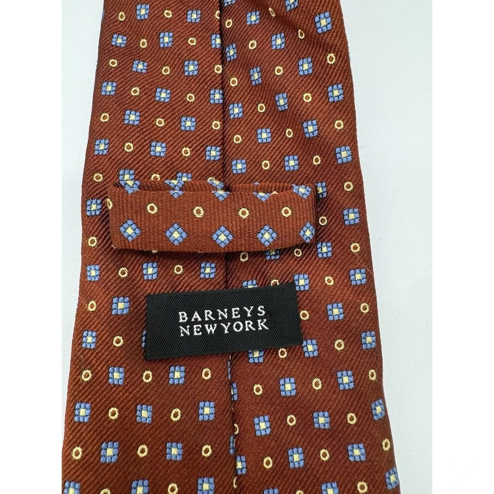 Barneys‎ New York Silk Tie Red Geometric Pattern Blue Gold Squares Made in Italy